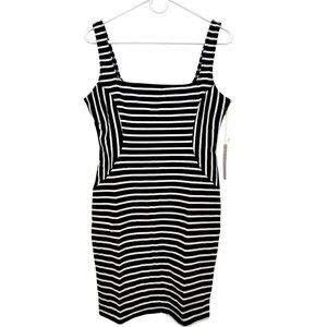 Striped Black & White Bodycon Dress - Square Neckline Sleeveless Stretchy Size L